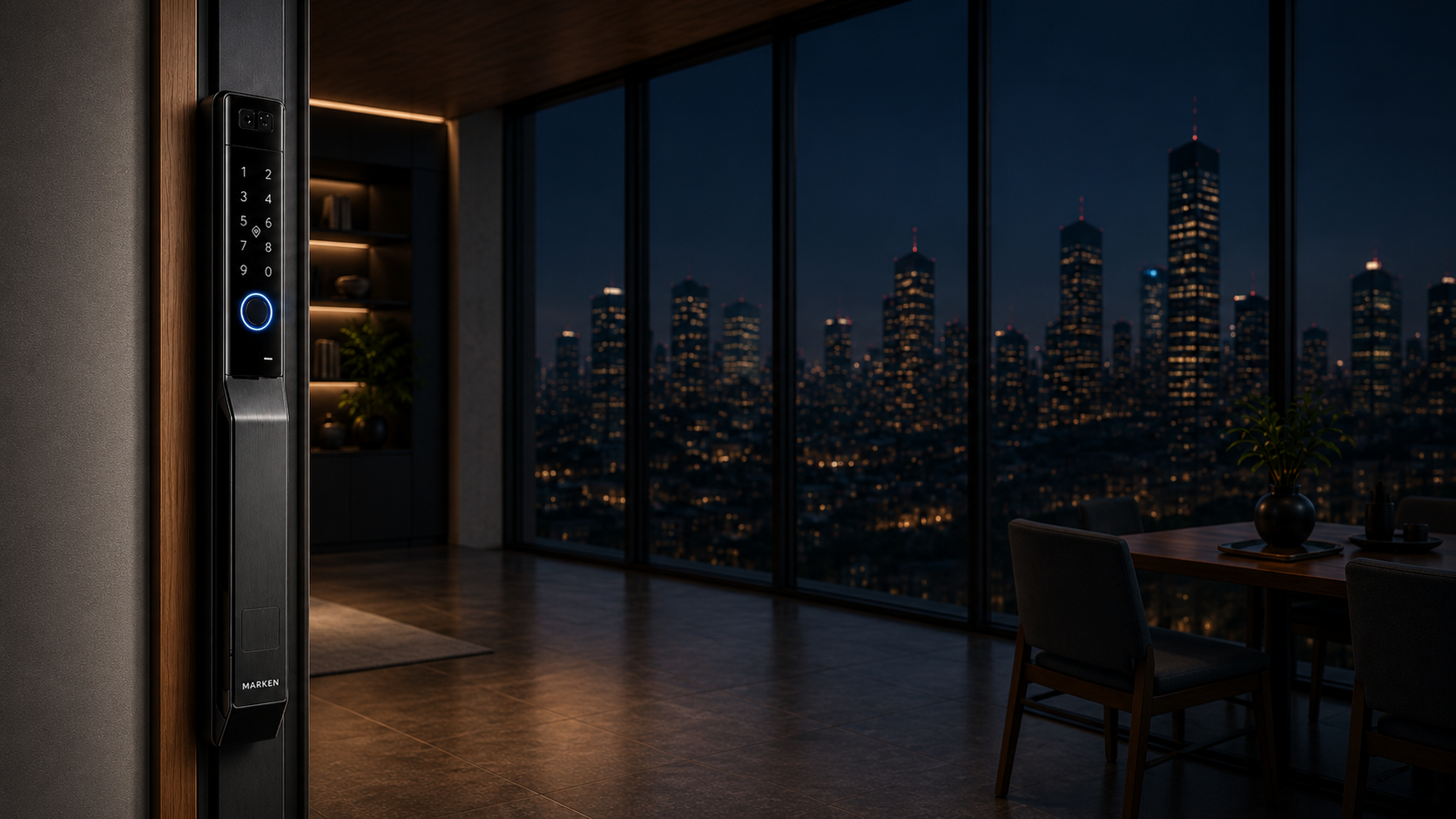 MARKEN S1 Series installed on an open door with warm interior lighting